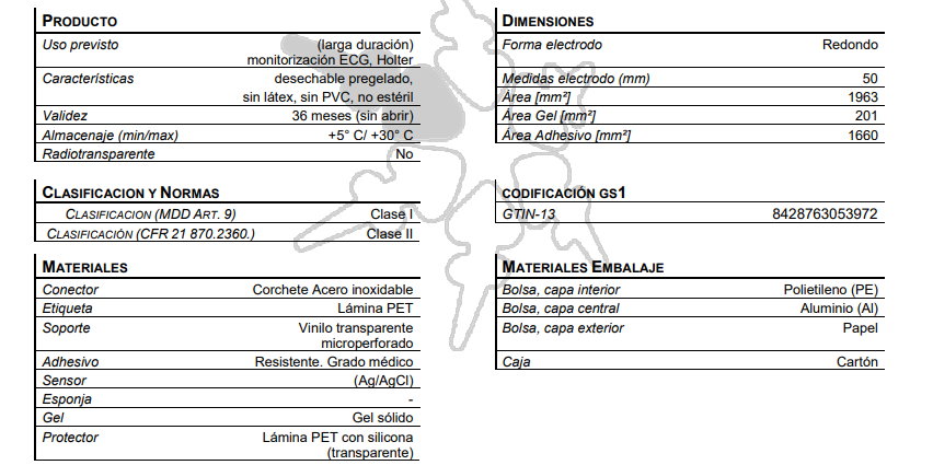 FICHA DE DADOS TÉCNICOS LESSA ECG FITA TRANSPARENTE ELÉCTRODOS REDONDOS 50MM