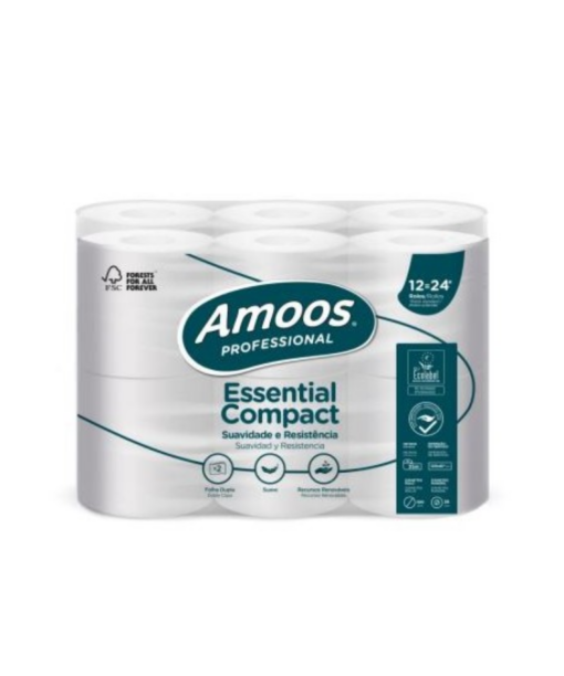 PACK 12 rollos papel higiénico AMOOS 2 capas, celulosa virgen 100% (35mtsrollo)